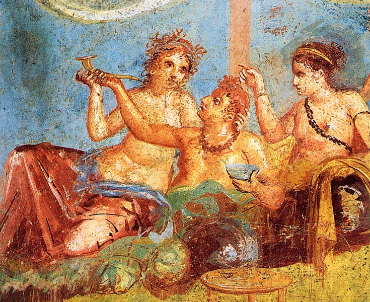 Bức tranh vẽ khung cảnh ăn chơi trụy lạc được tìm thấy ở thành phố cổ Pompeii - nơi bị nhấn chìm bởi cơn thịnh nộ của núi lửa. Trước khi dịch bệnh ập tới, Athens cũng là một thành phố đầy rẫy những tội lỗi tương tư như Pompeii đã từng. (Ảnh: Wikipedia)