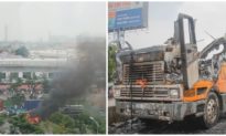 Cabin xe container cháy ngùn ngụt trên xa lộ Hà Nội