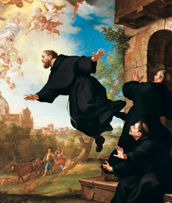 Bức tranh thời Phục hưng về Thánh Joseph của Cupertino nổi lên trong không trung trước mắt người xem. 