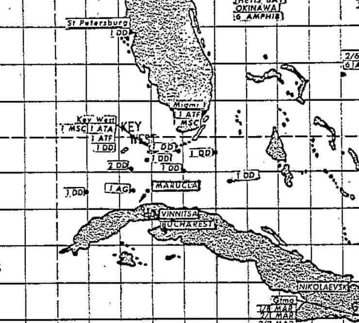 Một bản đồ giải mật được sử dụng bởi Hạm đội Đại Tây Dương của Hải quân Mỹ cho thấy vị trí của các tàu Mỹ và Liên Xô ở đỉnh điểm của cuộc khủng hoảng.