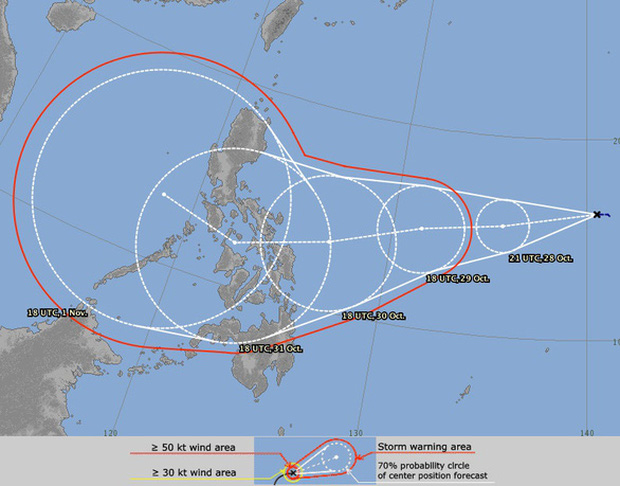 Đường đi của áp thấp nhiệt đới mới, dự kiến hình thành cơn bão số 10. (Ảnh: Mô hình dự báo của Nhật Bản)