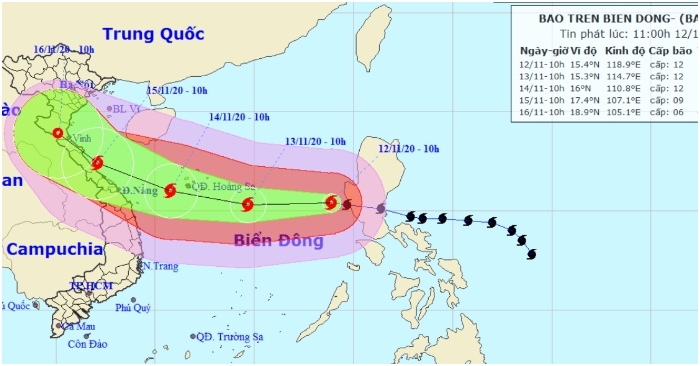 Bão Vamco mạnh cấp 12 đã vào biển Đông, cách Hoàng Sa khoảng 730 km