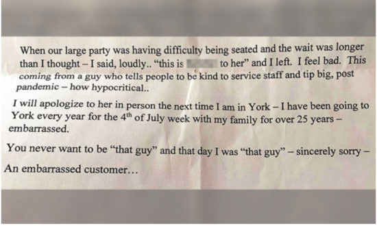 ‘Tôi đã quá thô lỗ’: Người đàn ông gửi thư xin lỗi và $100 tiền tip cho nhân viên nhà hàng vì hành vi không đúng của mình