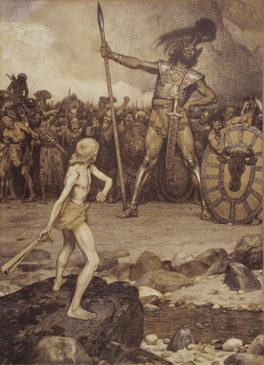 David đối mặt với Goliath trong bức tranh in thạch bản năm 1888 của Osmar Schindler.