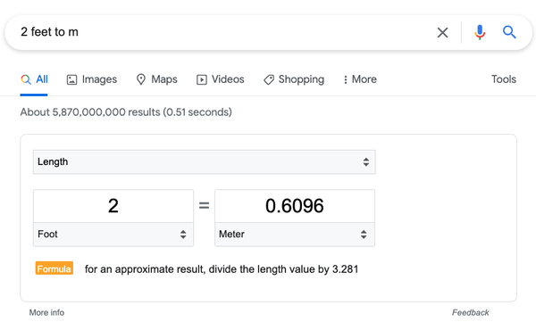 Hình ảnh hiển thị kết quả khi tìm kiếm trực tiếp trên Google: “2 feet sang mét