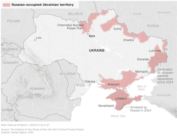 Những khu vực Nga đã kiểm soát ở Ukraine - Đồ họa: CNN