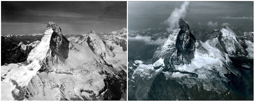 Núi Matterhorn trên dãy Alps, nằm ở biên giới giữa Thụy Sĩ và Ý, tháng 8 năm 1960 - tháng 8 năm 2005. 
