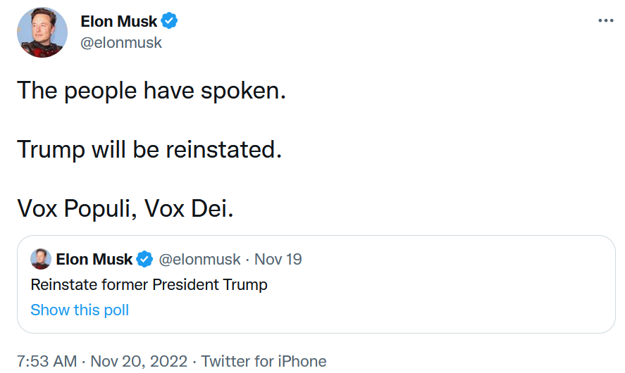 Elon Musk: Tài khoản Twitter của Donald Trump sẽ được khôi phục
