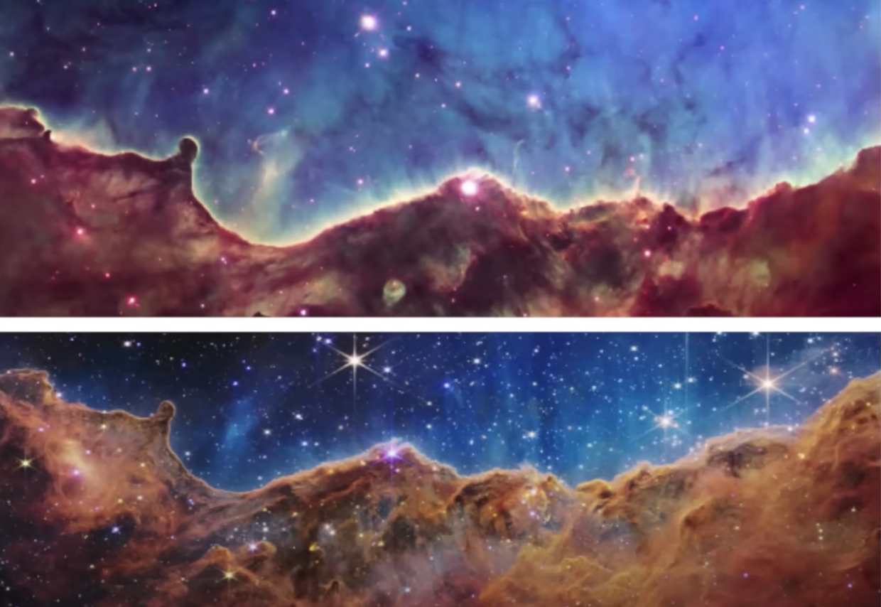 Hình ảnh kính Hubble chụp (bên trên) và hình ảnh kính Webb chụp (bên dưới)