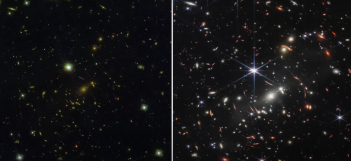 Hình ảnh thiên hà SMAC0723 do kính Webb chụp (bên phải) và kính Hubble chụp (bên trái)