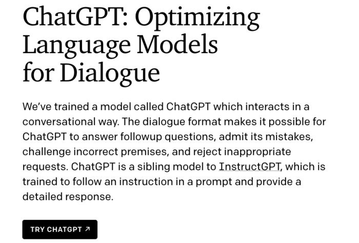 Hình ảnh giới thiệu ChatGPT. (Ảnh chụp màn hình từ trang web chính thức của ChatGPT, openai.com)