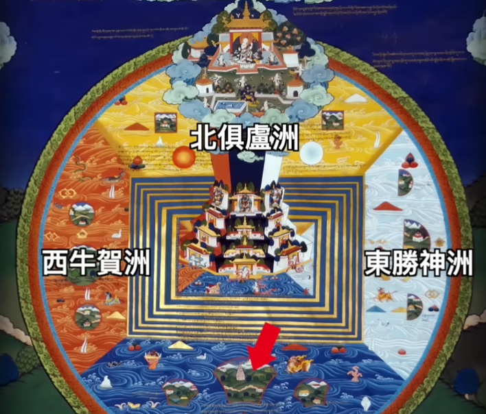 Theo quan điểm của Phật giáo, trong bản đồ được cho là bản đồ vũ trụ dưới đây, vị trí của trái đất chính là ở điểm này (mũi tên chỉ) (Ảnh chụp màn hình)